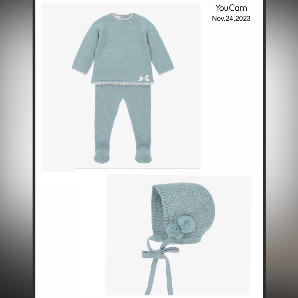 2-piece matching knitted set with pom pom bonnet (sage green)